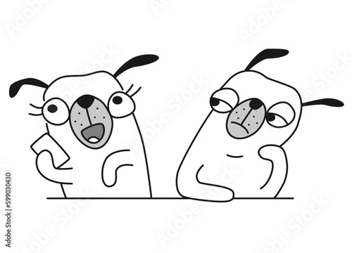 Cartoon pug dogs hand drawn vector illustration. Dog talking on cell phone, other dog bored