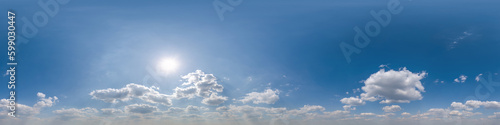 blue skybox with cumulus cloud as seamless hdri 360 panorama with zenith in spherical equirectangular projection may use for sky dome replacement in 3d graphics or game development and edit drone shot