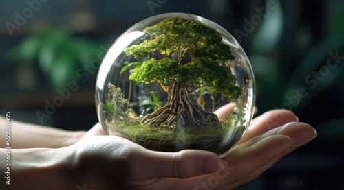 person holding an earth globe to represent earth as a living planet with tree and butterfly in the middle Generative Ai