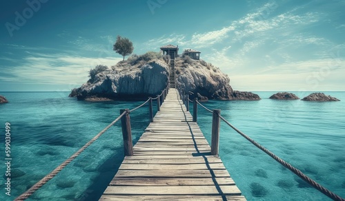 a wooden bridge that leads over a small island to the sea Generative Ai