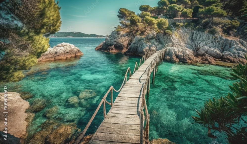 a wooden bridge that leads over a small island to the sea Generative Ai
