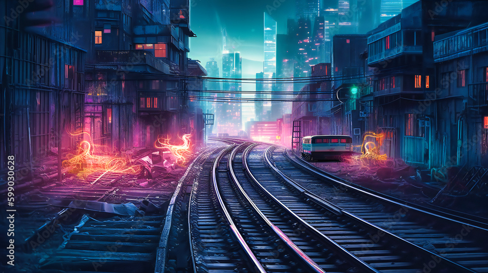 High-Speed Rail Tracks through Dark Digital Cityscape