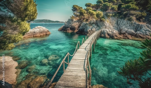 a wooden bridge that leads over a small island to the sea Generative Ai