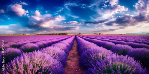 Beautiful lavender field  purple  blue sky  farm  generative AI 