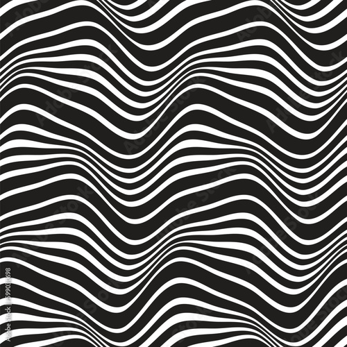 Optical wavy stripes in black and white. Horizontal lines background. Seamless repeating pattern. Vector illustration. Perfect for textile, wrapping, print, web, and all kinds of decorative projects.