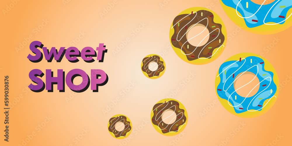 Chocolate donuts on a beige background fall down with the inscription sweet shop. Vector illustration Chocolate donuts on a beige background fall down with the inscription sweet shop. Vector illustration
