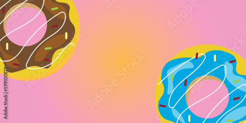 
Sweet donuts on a pink background with bright sprinkles. Inscription sweet shop. Vector illustration