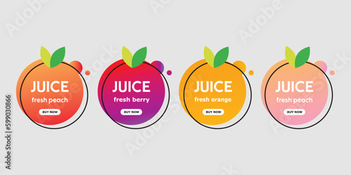 Juice sticker set with berries and fruits. Vector illustration