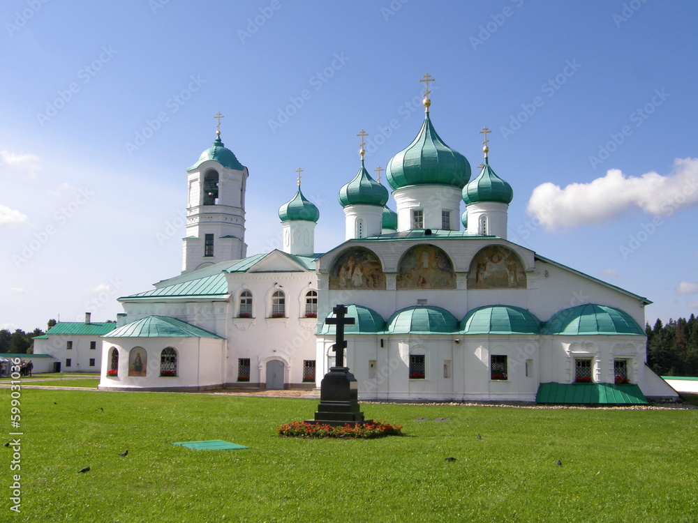 A complex of buildings of the monastery, church and bell tower. Alexander Svirsky Monastery, Leningrad Region, Russia.