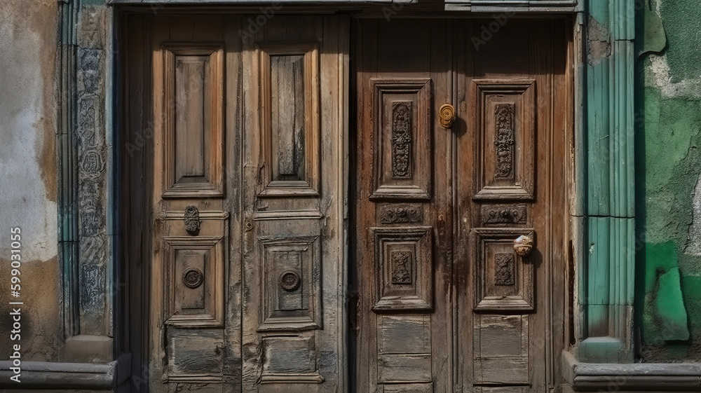 Symmetric shot of an old weathered wooden door. Generative Ai Symmetric shot of an old weathered wooden door. Generative Ai