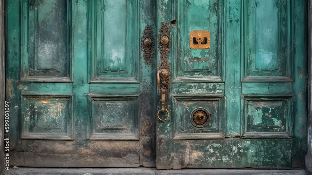 Old vintage door. Antique wooden door background with lock and handle on architecture. Generative Ai - obrazy, fototapety, plakaty 