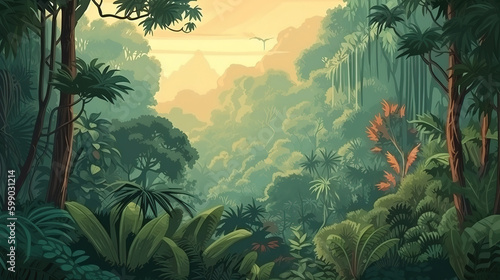 Jungle forest and thickets of tropical plants and trees. Generative Ai