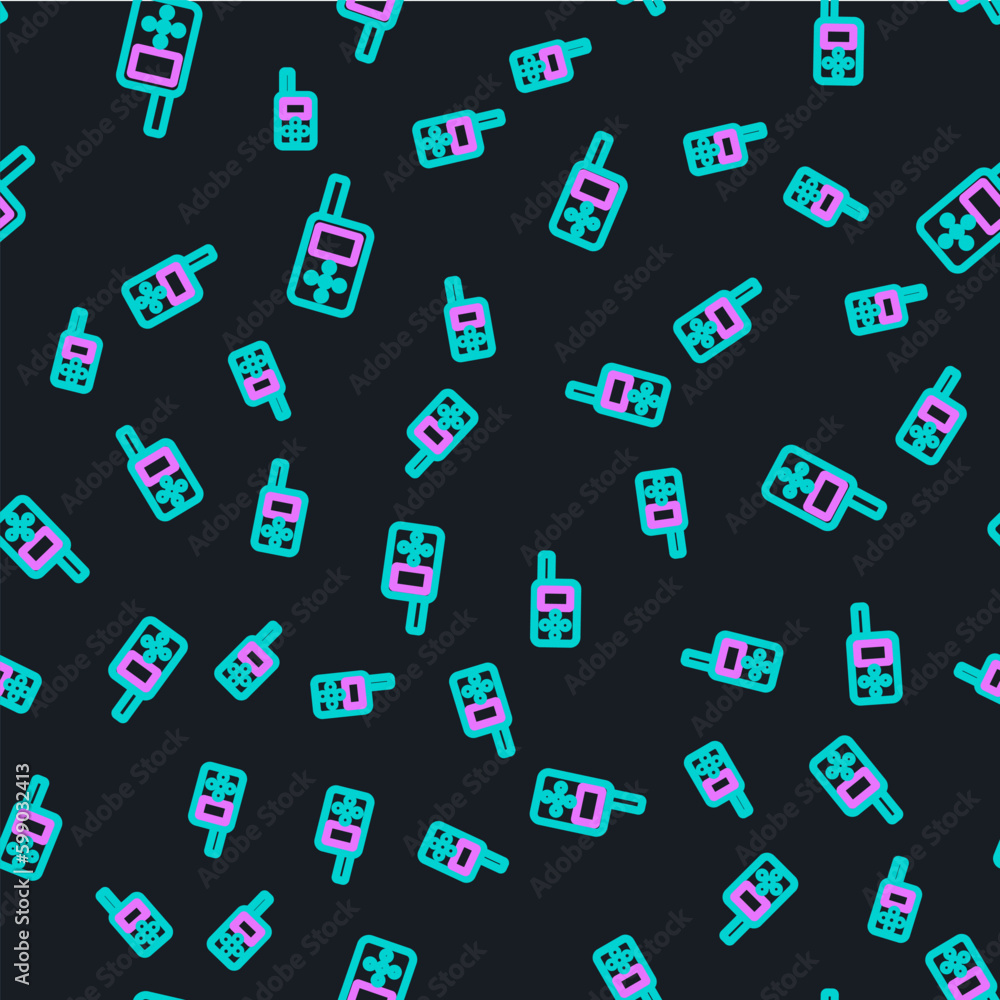 Line Baby monitor walkie talkie icon isolated seamless pattern on black background. Vector Line Baby monitor walkie talkie icon isolated seamless pattern on black background. Vector