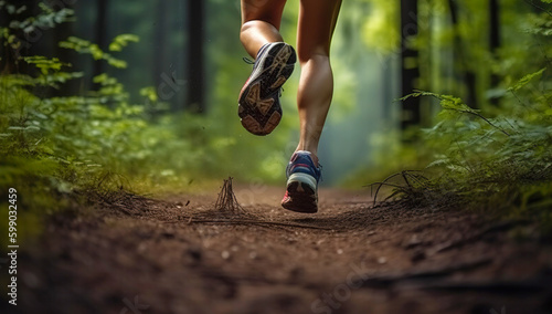 Closeup of running shoe of the person running in the nature with beautiful sunlight. Female legs. Generative AI