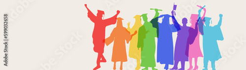 Silhouette profile group men and women students of diverse cultures. Diversity happy, pride people. Concept of racial equality, multicultural and multiracial society. Rainbow colors. 