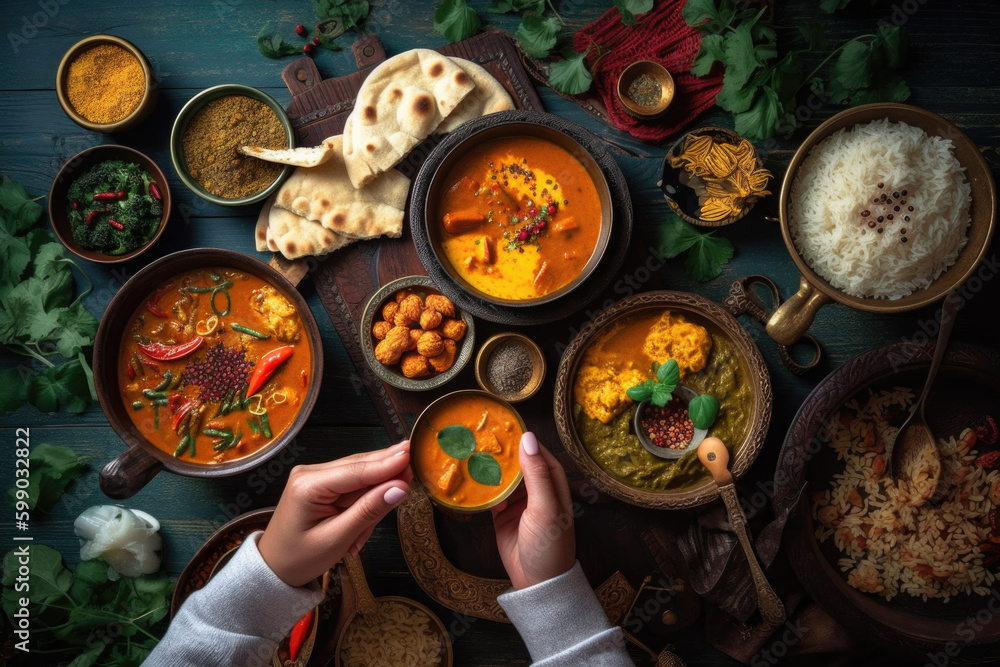 Assorted various Indian food on a dark rustic background. Generative AI.