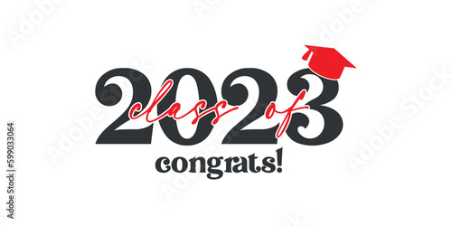 Class of 2023 with graduation cap. Congrats Graduation calligraphy lettering, graduate invitations or banner