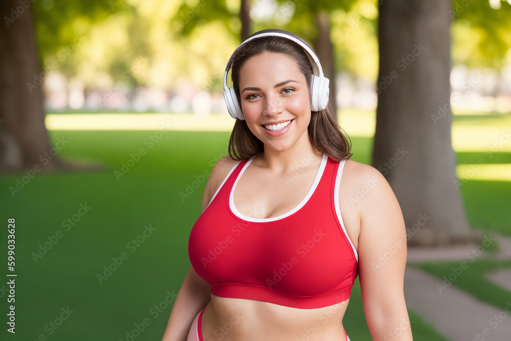 Beautiful and cheerful plus size caucasian young woman outdoors - Pretty overweight curvy female in headphones listening music and exercising in the park. Generative Ai Beautiful and cheerful plus size caucasian young woman outdoors - Pretty overweight curvy female in headphones listening music and exercising in the park. Generative Ai
