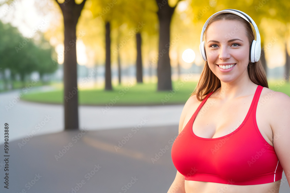 Beautiful and cheerful plus size caucasian young woman outdoors - Pretty overweight curvy female in headphones listening music and exercising in the park. Generative Ai
Beautiful and cheerful plus size caucasian young woman outdoors - Pretty overweight curvy female in headphones listening music and exercising in the park. Generative Ai