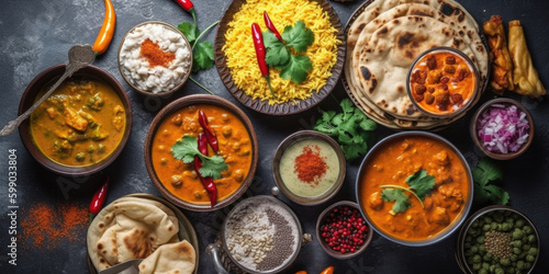 Assorted various Indian food on a dark rustic background. Generative AI.