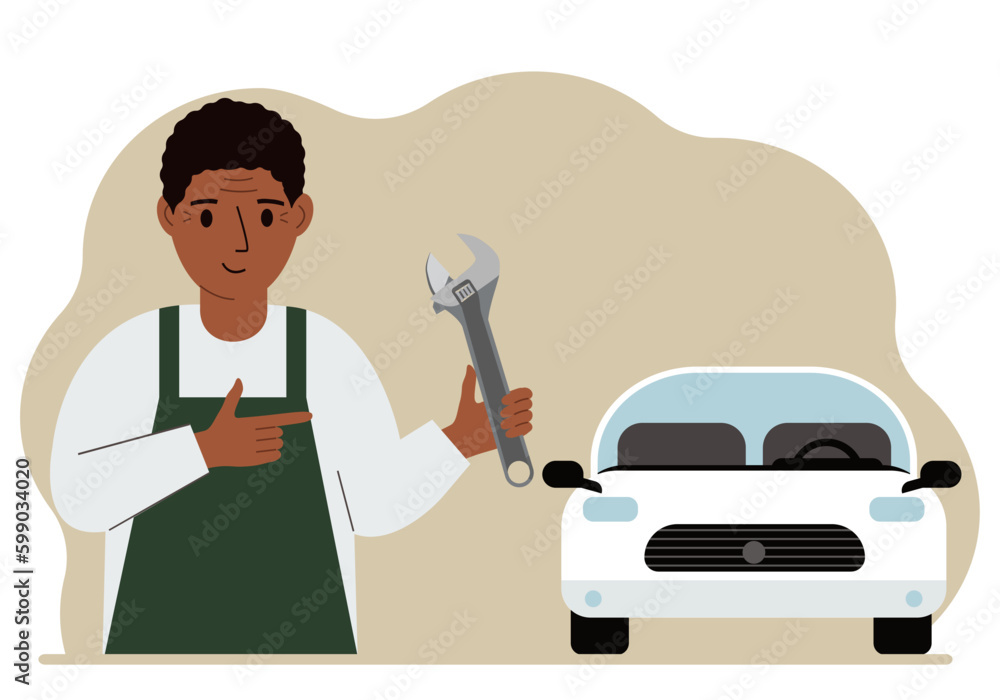 Auto mechanic in a car workshop near a white car. A man holds a wrench in his hand. Car repair concept. Poster, advertisement, banner.