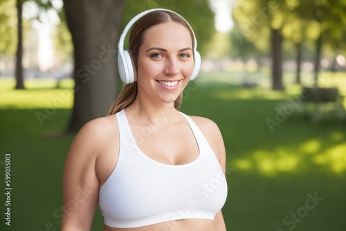 Beautiful and cheerful plus size caucasian young woman outdoors - Pretty overweight curvy female in headphones listening music and exercising in the park. Generative Ai	
