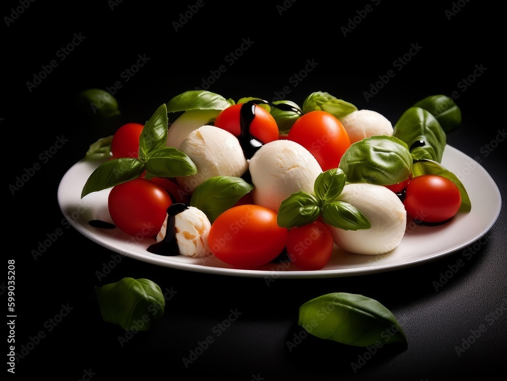 Caprese salad with perfectly sliced red ripe tomatoes, fresh green basil leaves, and creamy mozzarella cheese balls