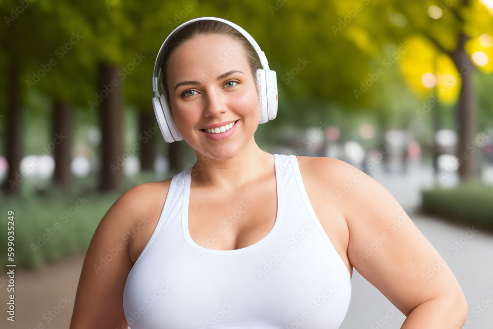 Beautiful and cheerful plus size caucasian young woman outdoors - Pretty overweight curvy female in headphones listening music and exercising in the park. Generative Ai
Beautiful and cheerful plus size caucasian young woman outdoors - Pretty overweight curvy female in headphones listening music and exercising in the park. Generative Ai