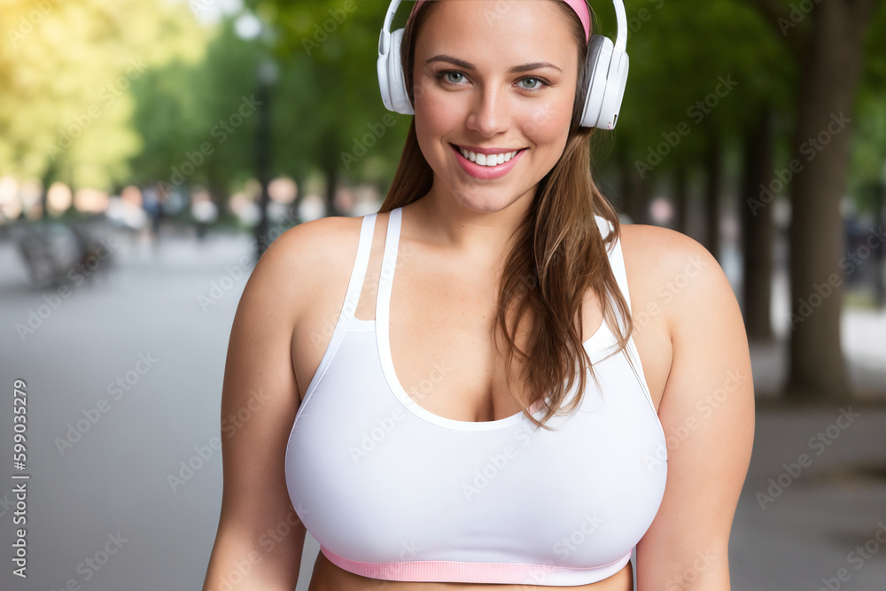 Beautiful and cheerful plus size caucasian young woman outdoors - Pretty overweight curvy female in headphones listening music and exercising in the park. Generative Ai
Beautiful and cheerful plus size caucasian young woman outdoors - Pretty overweight curvy female in headphones listening music and exercising in the park. Generative Ai