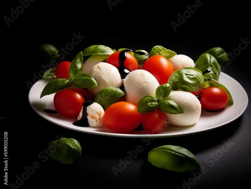 Caprese salad with perfectly sliced red ripe tomatoes, fresh green basil leaves, and creamy mozzarella cheese balls