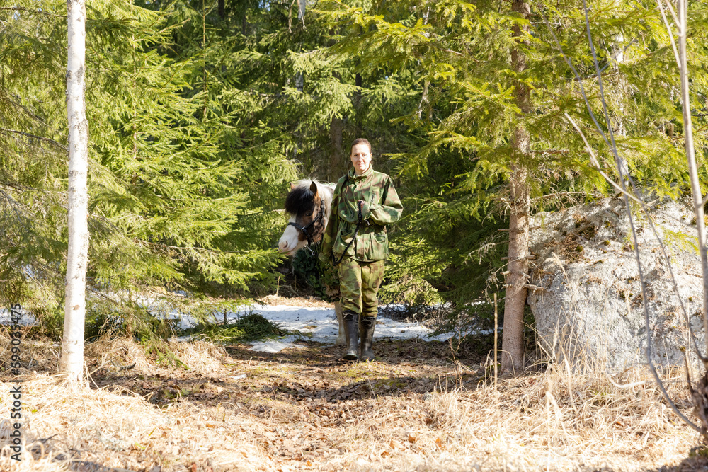 Camouflaged icelandic horse and woman in Finnish spring enviroment