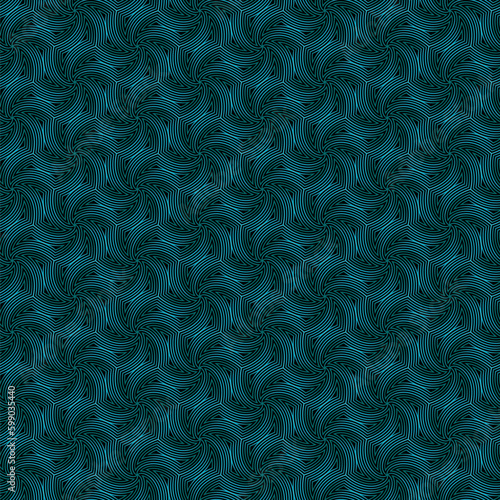 Seamless abstract floral pattern with geometric concentric wavy lines. Blue flowers on black background. Modern style marine waves. Vector illustration for texture, packaging, wrapping, and textile. 