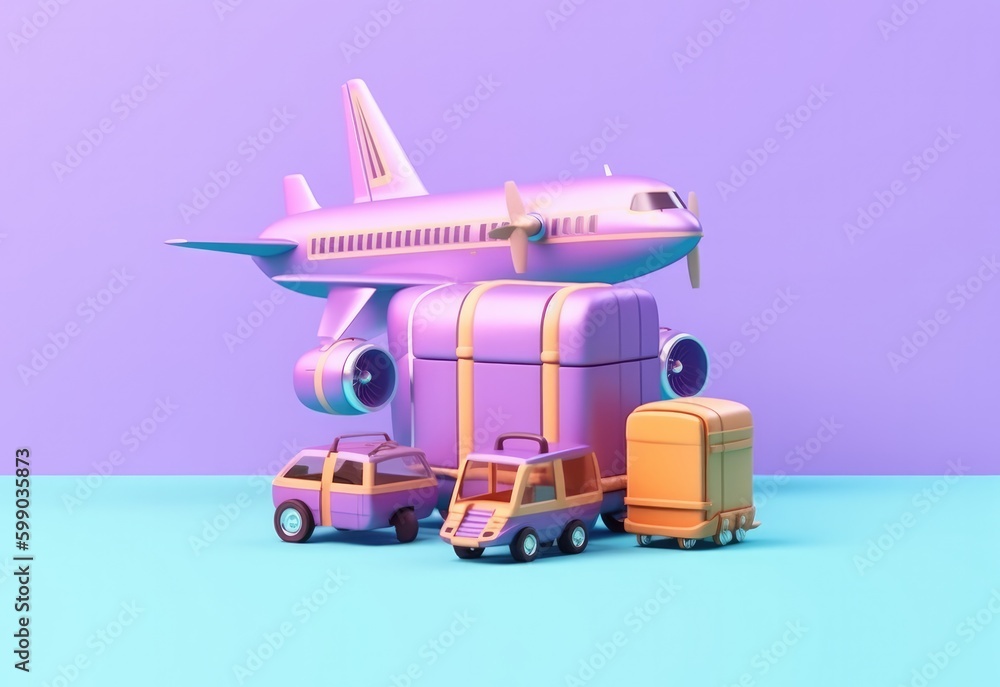 3d rendering of luggage and an airplane, flat background. Generative AI