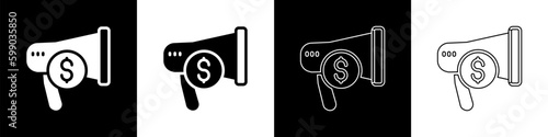 Set Megaphone and dollar icon isolated on black and white background. Loud speech alert concept. Bullhorn for Mouthpiece scream promotion. Vector