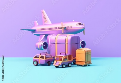 3d rendering of luggage and an airplane, flat background. Generative AI