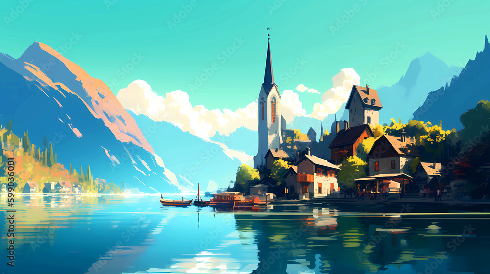 Illustration of beautiful view of Hallstatt, Austria