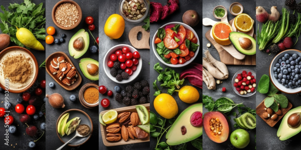 Healthy raw food collage. Generative AI. Healthy raw food collage. Generative AI.