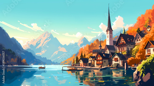 Obraz na płótnie Illustration of beautiful view of Hallstatt, Austria w salonie