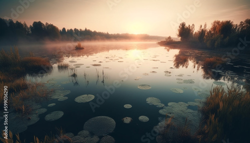 Tranquil scene at waters edge  nature beauty generated by AI