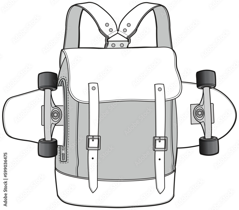 skate board backpack flat sketch vector illustration technical cad ...