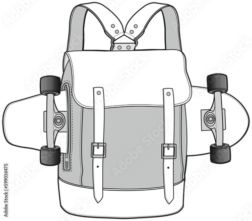 skate board backpack flat sketch vector illustration technical cad drawing template