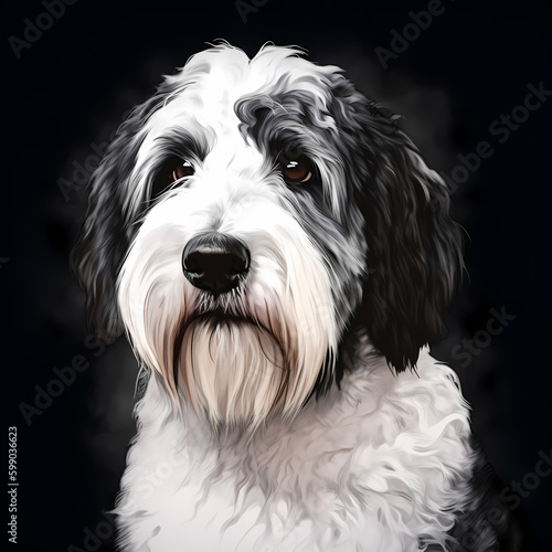 Sketch of black and white sheepadoodle dog. Generative AI.