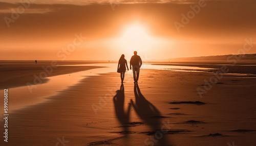 Silhouette of couple walking on beach at sunset generated by AI