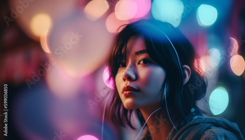 Young women enjoying nightlife, illuminated by street lights generated by AI