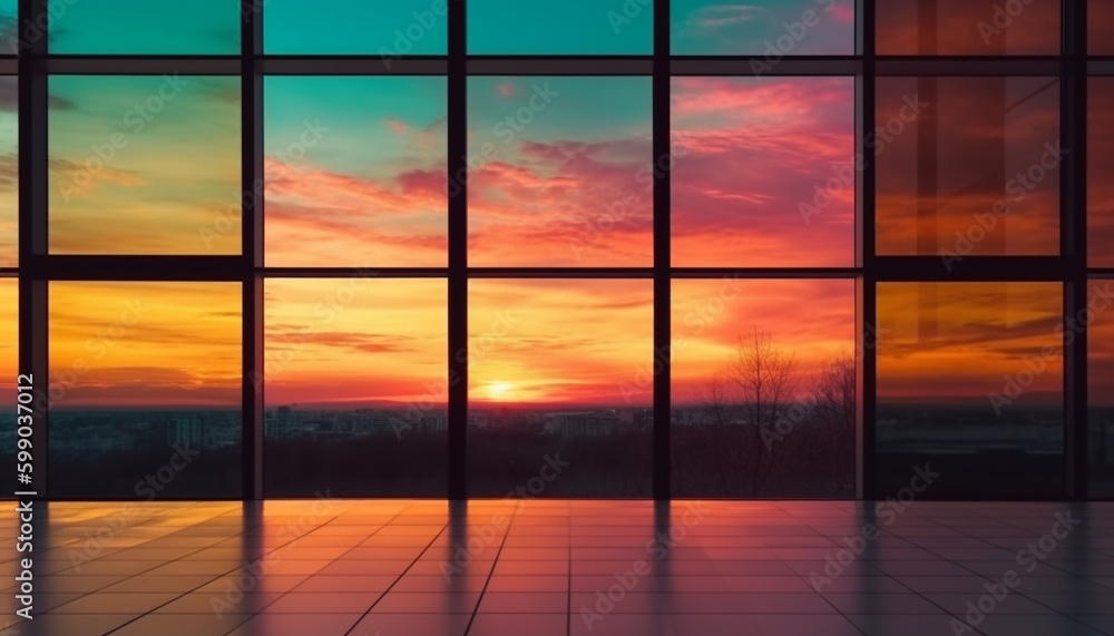 Fototapeta premium Sunset silhouette frames city skyline in nature generated by AI