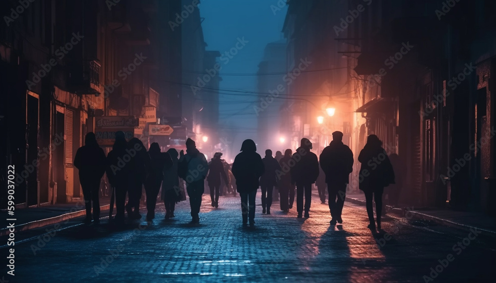 Silhouettes walking in the foggy city night generated by AI