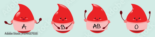 Cute drops of blood of different groups on turquoise background