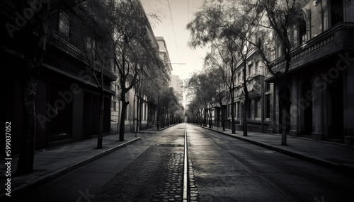 Vanishing point leads to old city street generated by AI