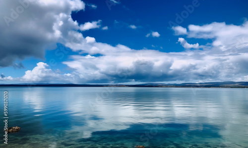 a large body of water under a cloudy blue sky with a few clouds in the sky and a few clouds in the water below it (generative AI)