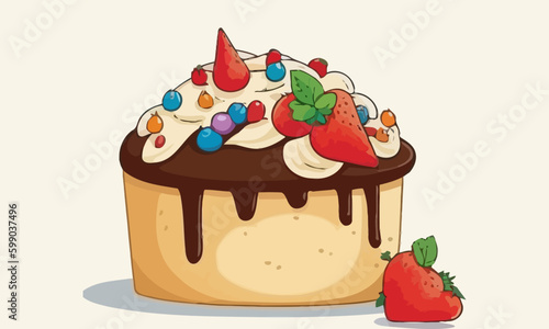 Cake with chocolate. Cartoon cake with strawberries. Vector illustration